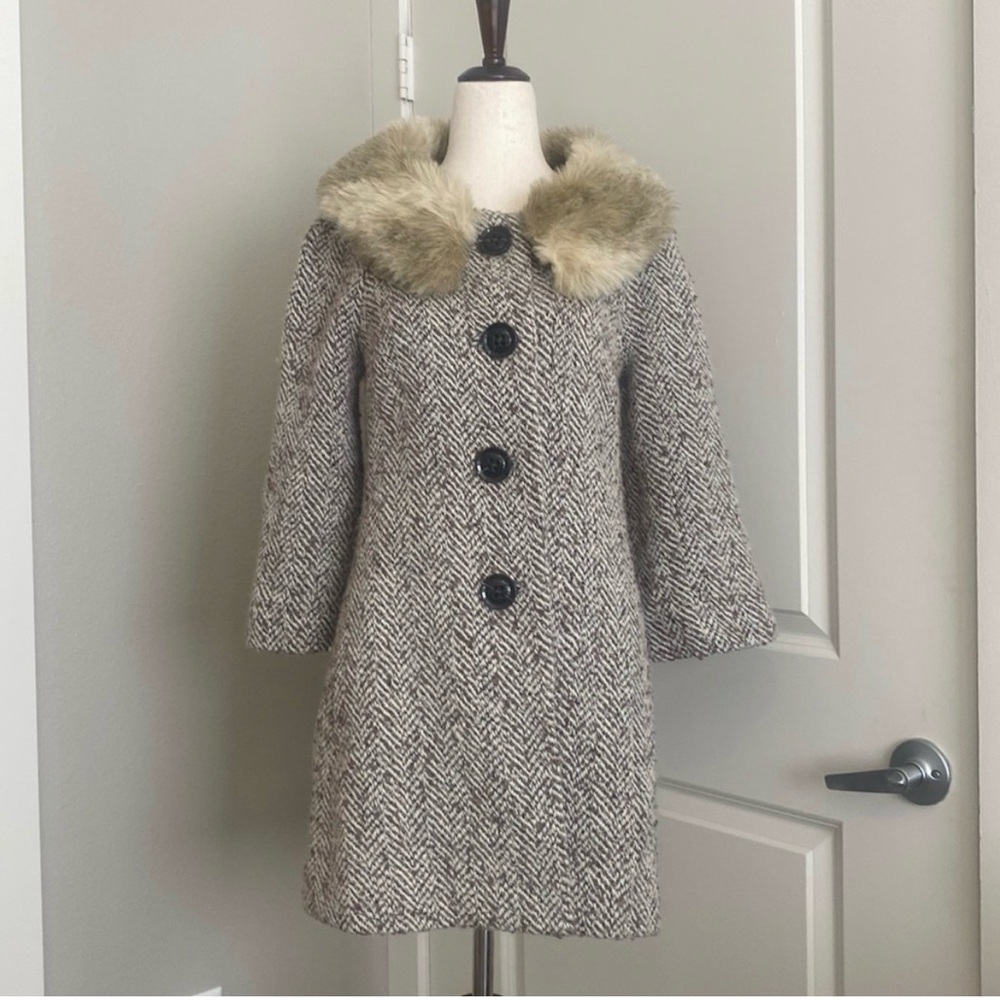 Tabitha Black and Cream Pea Coat with Faux Fur Collar